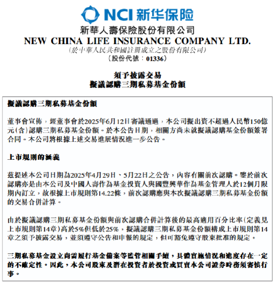 新华保险：(👥)拟出资不超过150亿元认购三期私募基金份额